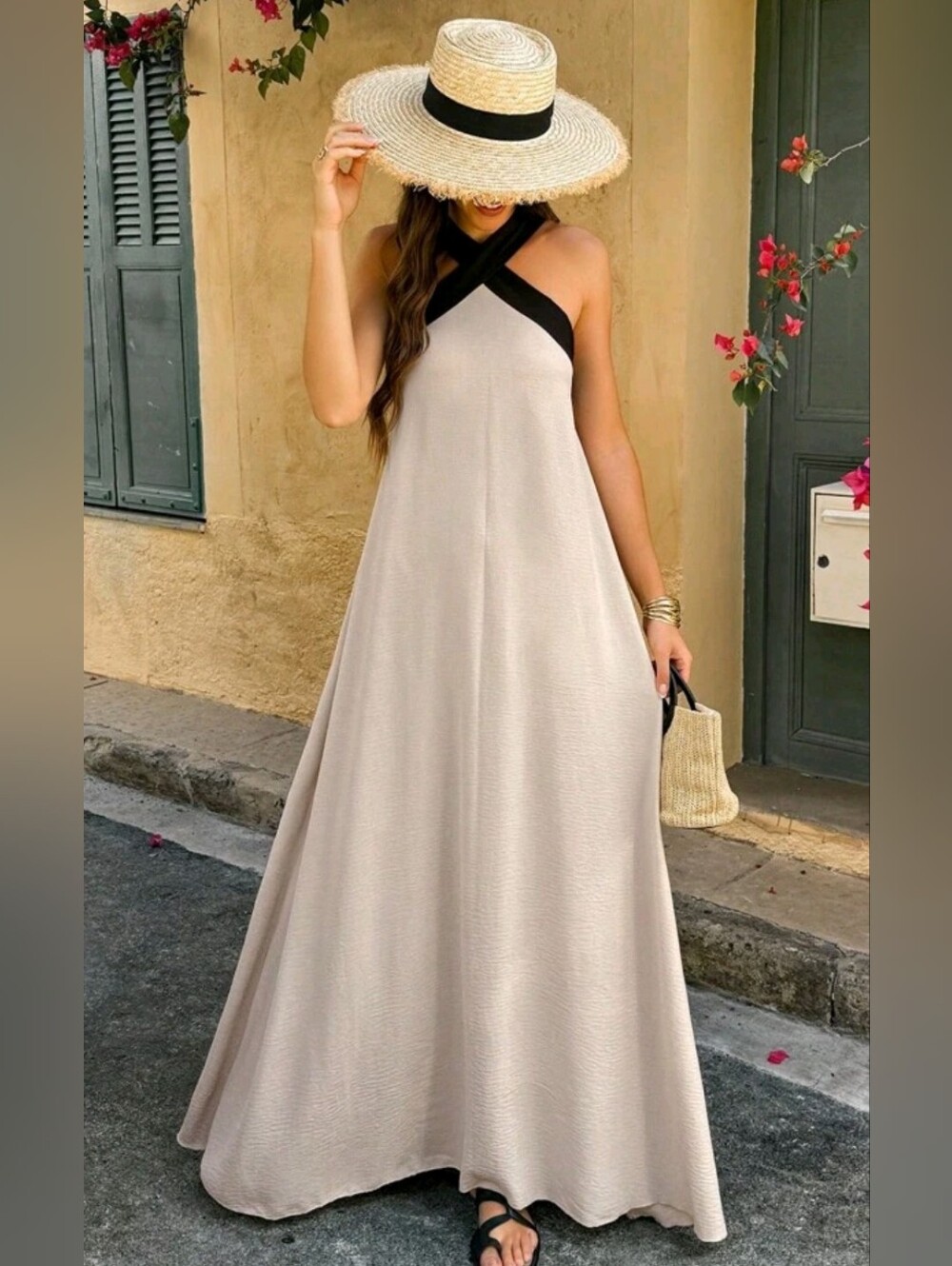 New Flowy Contrast Trim Halter Maxi Dress Black Khaki Tan